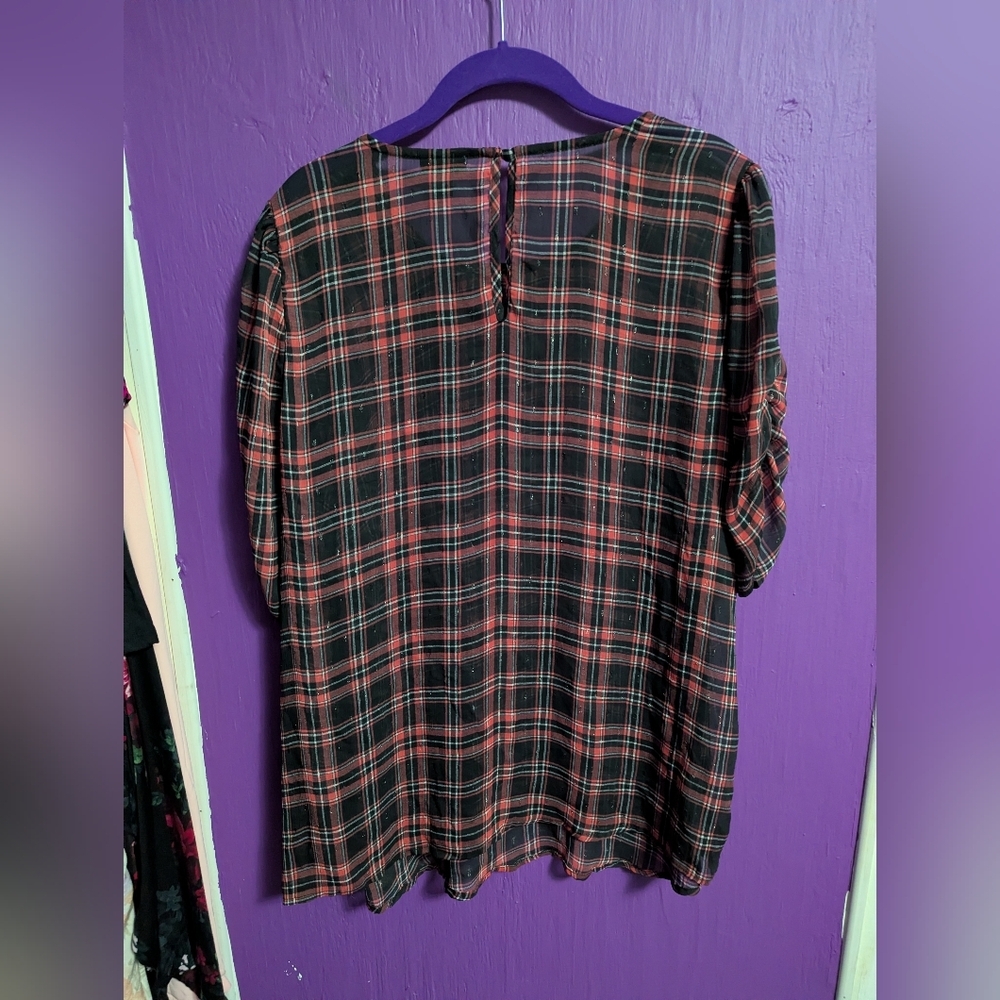 Torrid Chiffon Black Pink Sparkle Plaid Ruched Sleeve Sheet Blouse 1X 14 16 - Picture 5 of 5